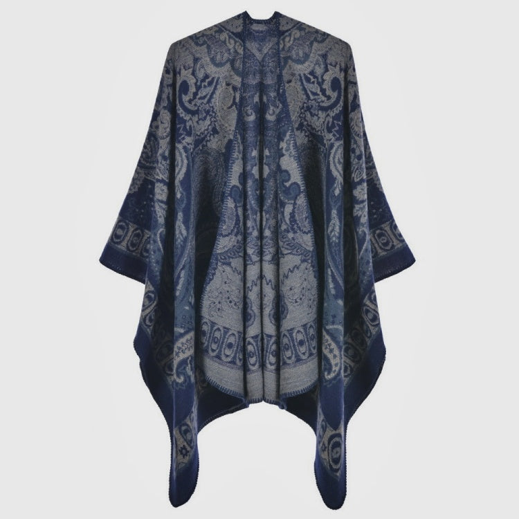 Knit Jacquard Cape Open Front Poncho Retro Floral Pattern Shawl Wrap Knit Ruana