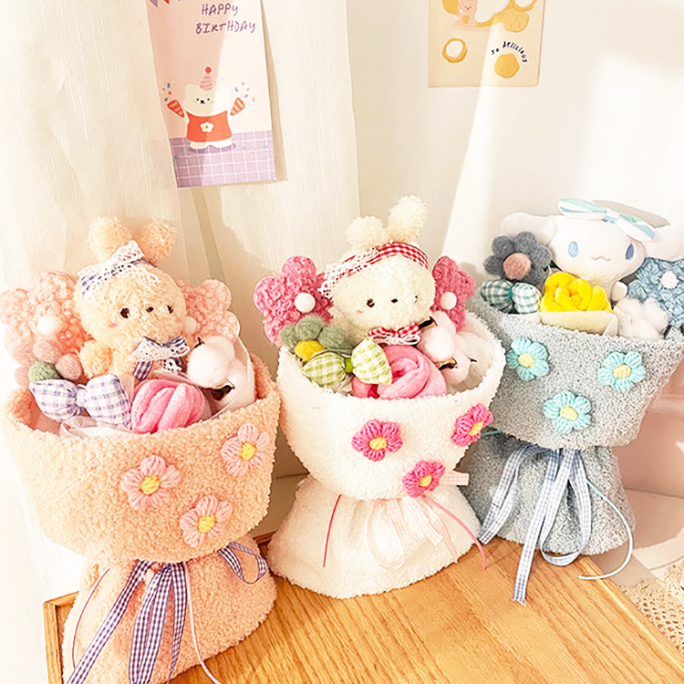 Crochet Doll Bouquet with Gift Bag, Home Decor, Hand Knitted Artificial Flowers